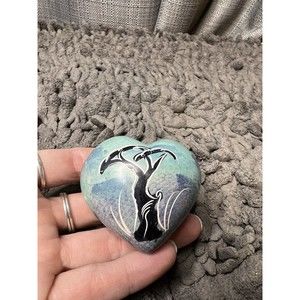VTG Carved African Handpainted Rhinoceros Tree Desert Polished Stone Heart
